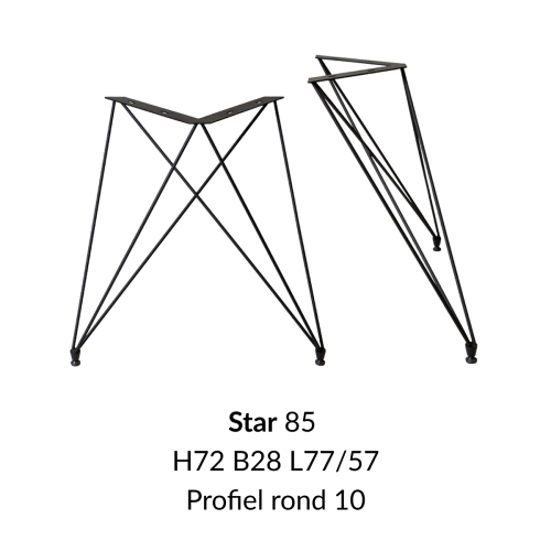 Metalen onderstel Star zwart RAL9005 - 28x77cm breed. Profiel Ø10mm set 2 stuks