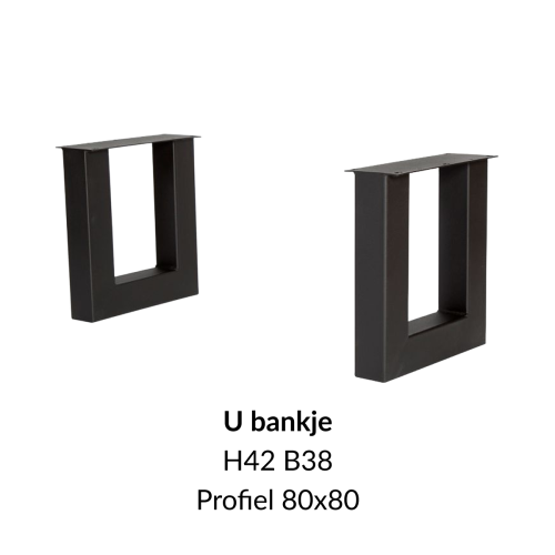 Metalen onderstel U bankje zwart RAL9005 - 38cm breed. Profiel 80x80mm