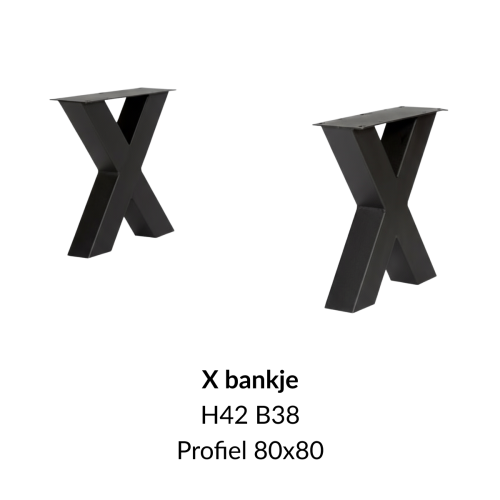 Metalen onderstel X bankje zwart RAL9005 - 38cm breed. Profiel 80x80mm