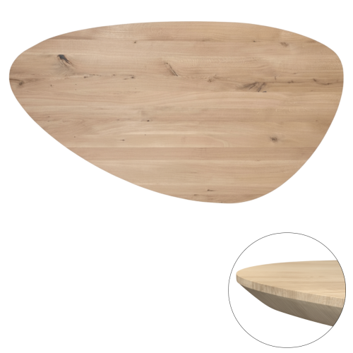 Tafelblad rustiek eiken kiezel ovaal facet kant ronding links 40mm 2400x1250 onbehandeld