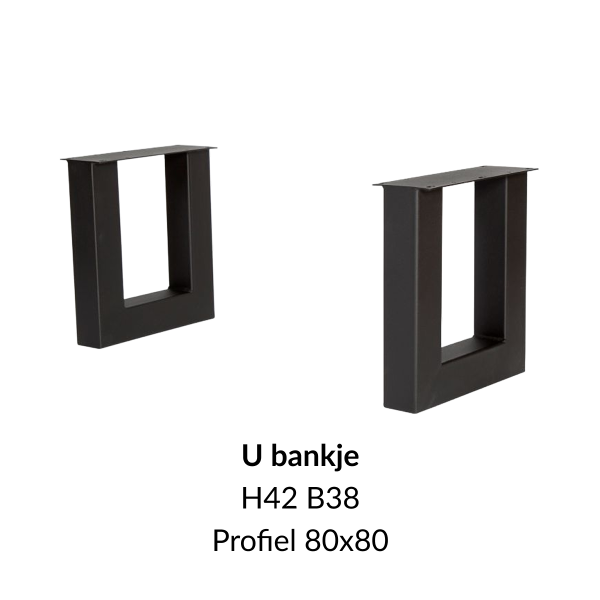Metalen onderstel U bankje zwart RAL9005 - 38cm breed. Profiel 80x80mm