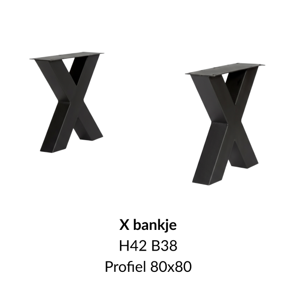 Metalen onderstel X bankje zwart RAL9005 - 38cm breed. Profiel 80x80mm