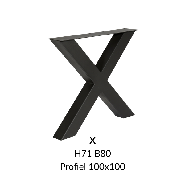 Metalen onderstel X zwart RAL9005 - 80cm breed. Profiel 100x100mm